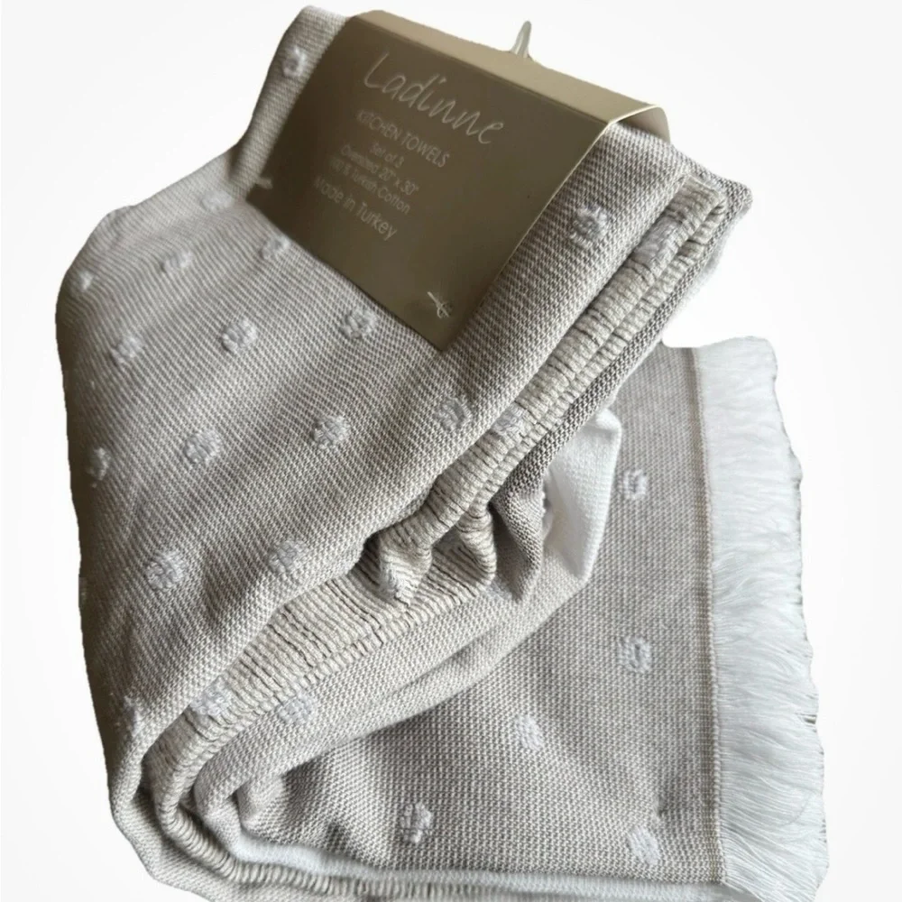 Kitchen Towels Set of 3 Oversized 20 x 30in 100% Turkish Cotton, Light Brown dot